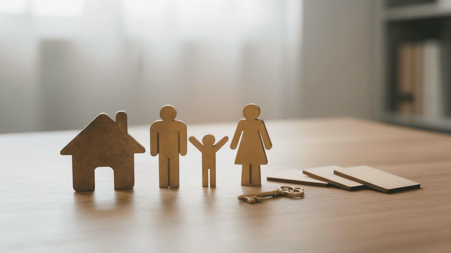 Wooden house, family, and key on a table.