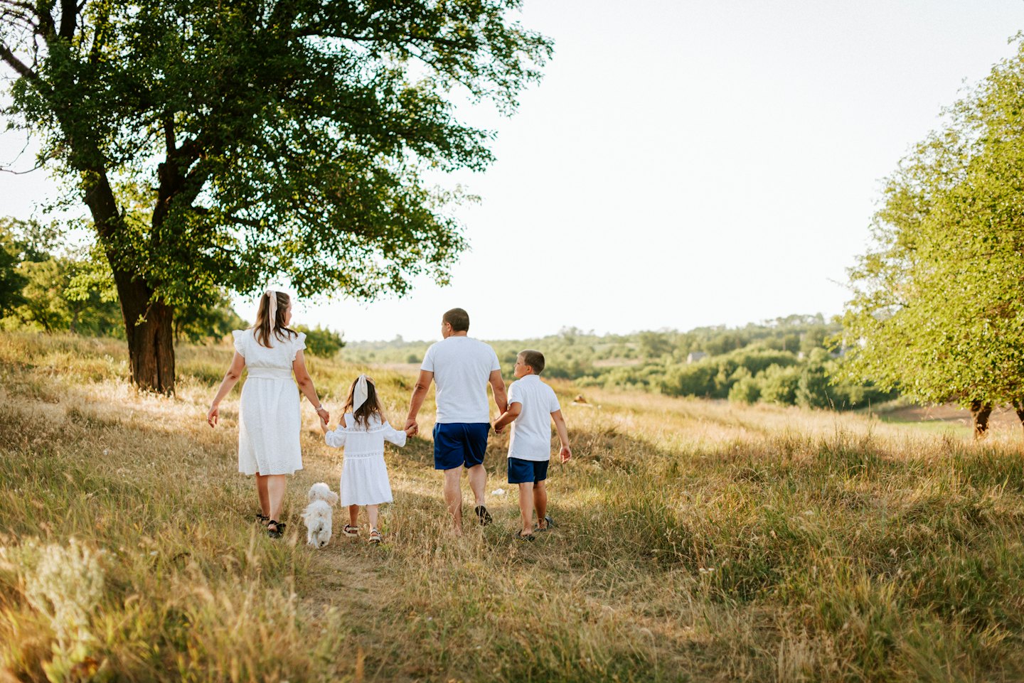 Family and their dog walk holding hands through a field.
